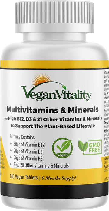 Vegan Multivitamins & Minerals For Women And Men With High Strength Vitamin B12, D3 & K2. 180 Multivitamin Tablets - 6 Months Supply. Vitamins For Vegans & Vegetarians