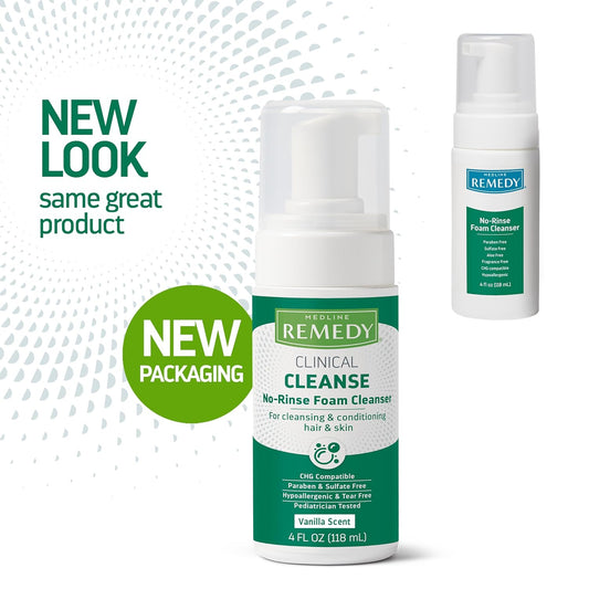 Medline Remedy Clinical No-Rinse Foam Cleanser, Vanilla Scent (4 Fl Oz), No Rinse Shampoo And Body Cleanser For Sensitive Skin, Hydrating, Paraben And Sulfate Free, For Face, Body, And Hair, All Ages