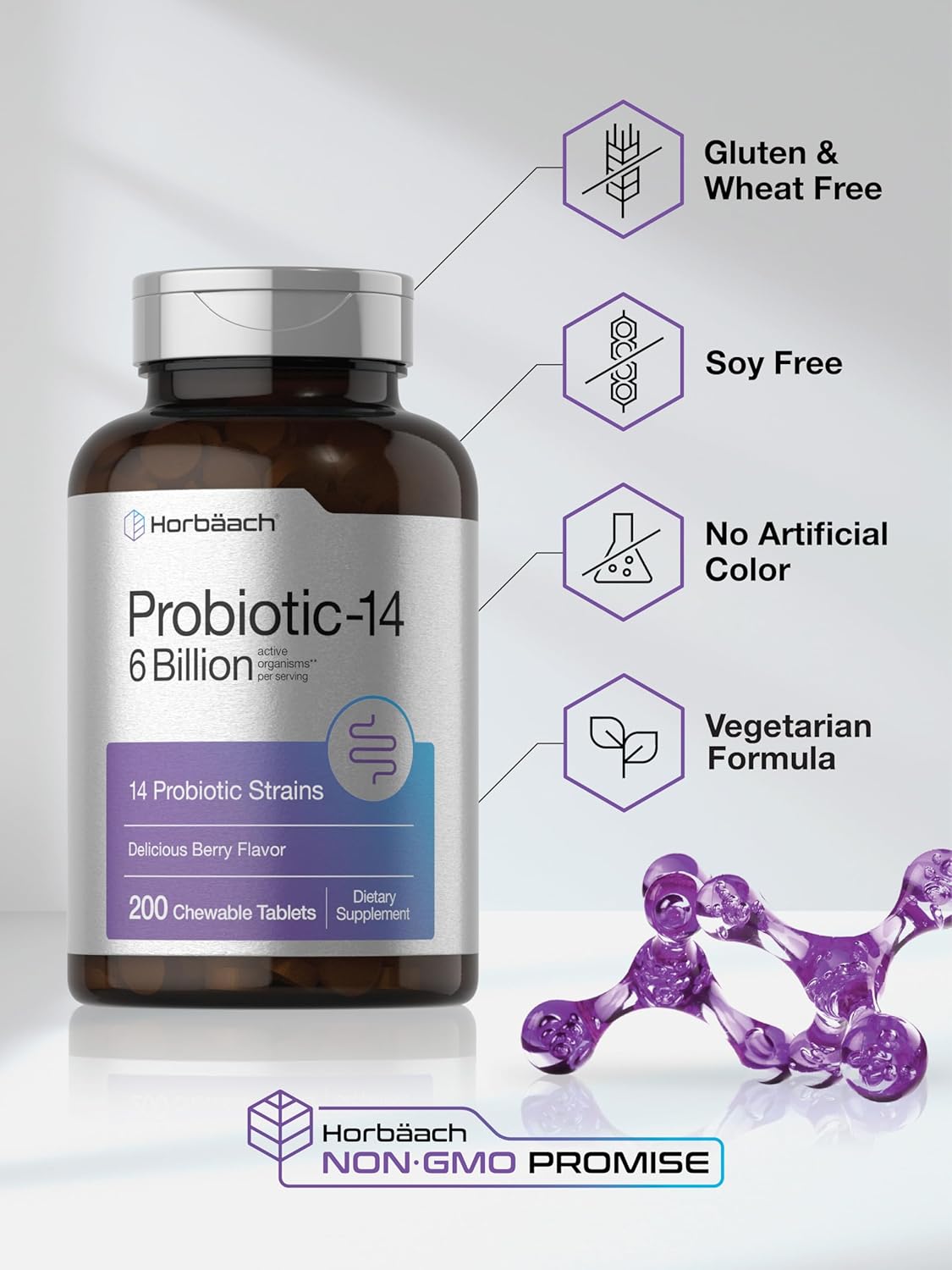 Horbäach Probiotics 6 Billion Cfus | 200 Chewable Tablets | Berry Flavor | 14 Probiotic Strains | Vegetarian, Non-Gmo & Gluten Free Supplement For Men & Women : Health & Household