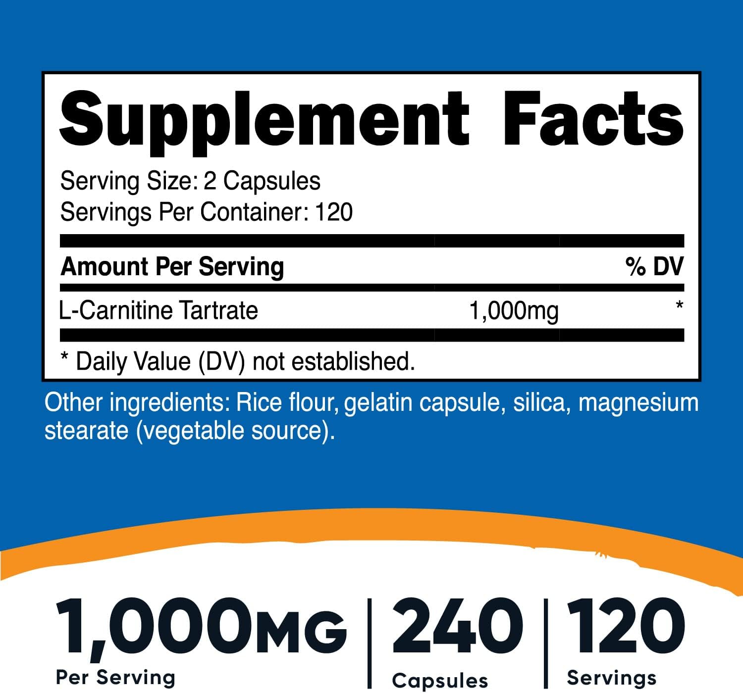 Nutricost L-Carnitine Tartrate 1,000mg, 240 Capsules - 500mg Per Capsule, 120 Servings