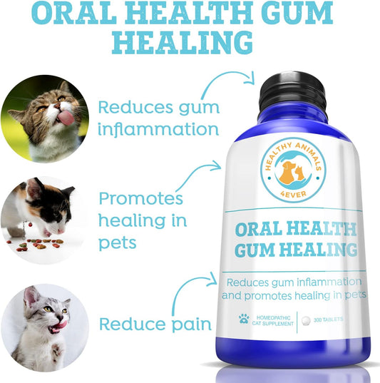 Healthy Animals 4 Ever Oral Health Gum Healing For Cats - Relieves Inflammation, Soothes Pain, Fights Gum Disease - Natural, Non-Gmo, Organic - Gluten, Preservative & Chemical Free Supplement - 300 Ct
