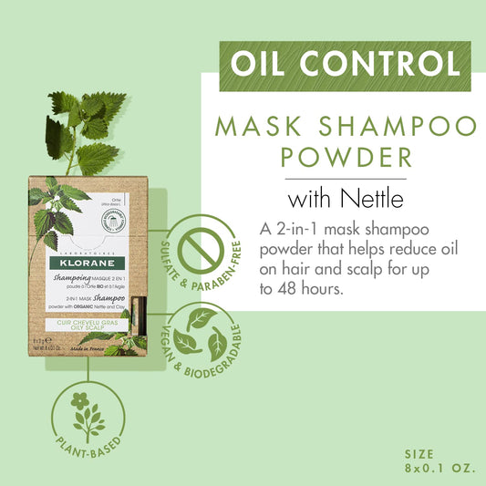 Klorane Oil Control 2-in-1 Mask Shampoo Powder with Nettle and Clay for Oily Hair and Scalp, Deep Cleansing Powder-to-Foam Treatment - Paraben, Silicone and Sulfate Free, Biodegradable, Vegan