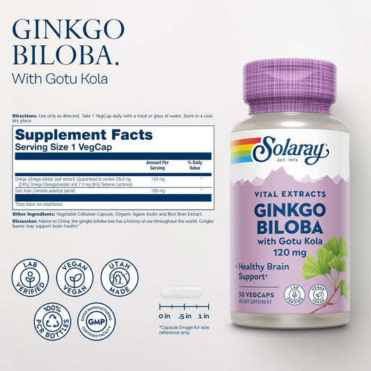 Solaray Ginkgo Biloba Extract With Gotu Kola - Ginko Biloba Capsules For Brain Health Support - Vegan, Lab Verified, 60-Day Guarantee - 30 Servings, 30 Vegcaps