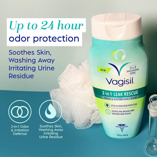 Vagisil 2-in-1 Leak Rescue Daily Intimate Feminine Wash for Women, Gynecologist Tested & Hypoallergenic, 12 oz (Pack of 1)