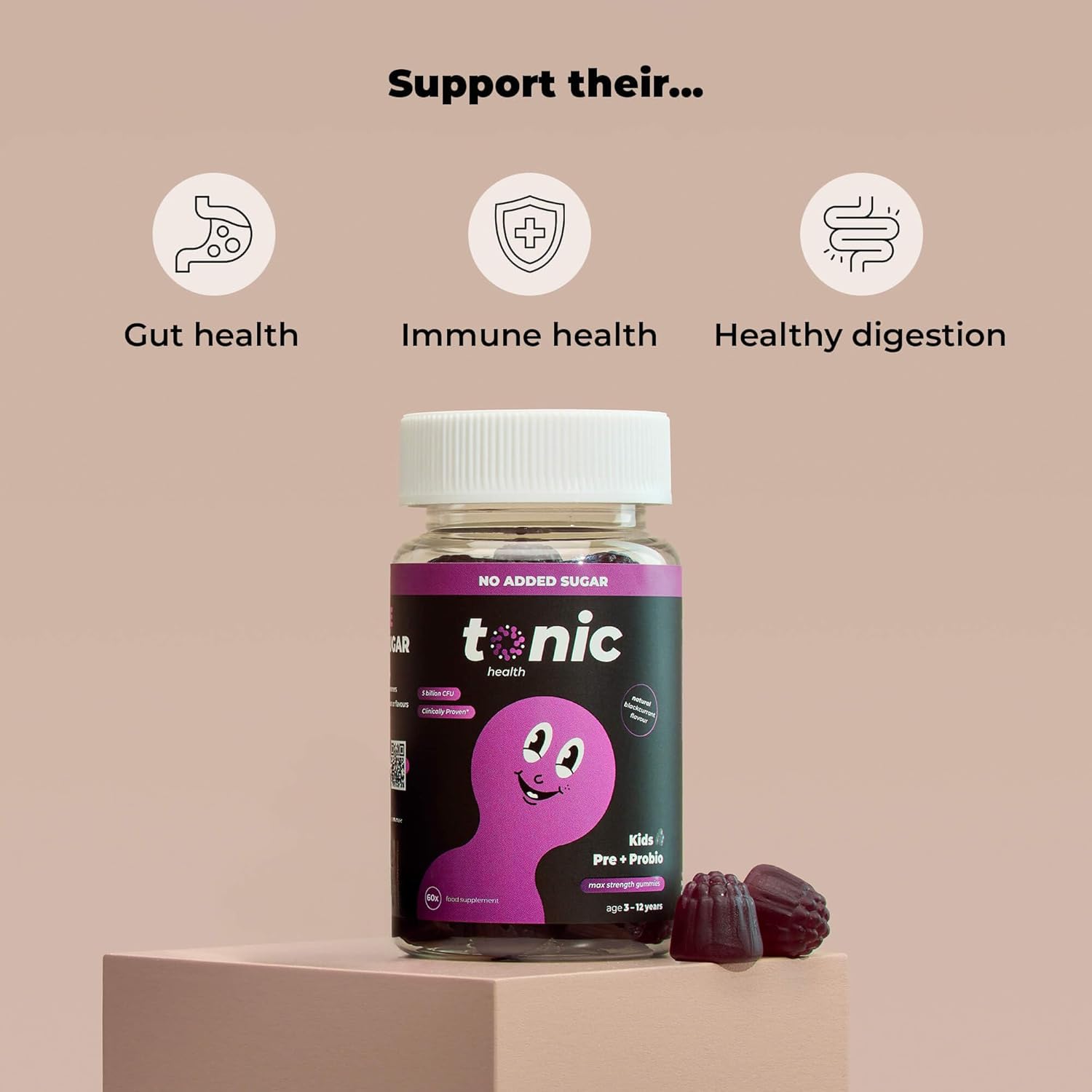 Tonic Health Kids Probiotic Gummies - 2 in 1 Prebiotics & Probiotics for Kids, No Added Sugar, Digestive System, Gut Health, Immune System, Ages 3-12, Vegan, Blackcurrant, Month Supply (60 Count) : Amazon.co.uk: Health & Personal Care