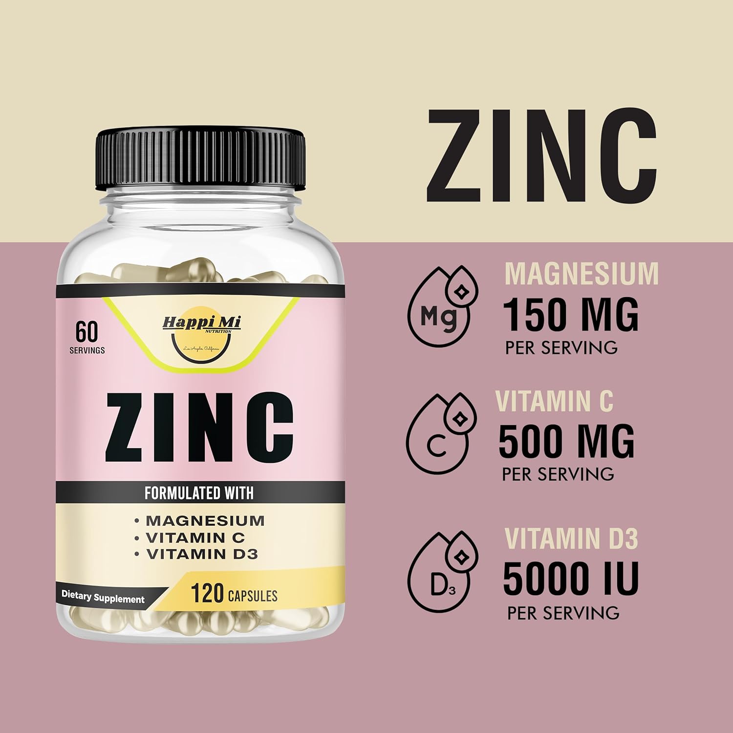 Happi Mi Nutrition Zinc, Zinc 100Mg, Magnesium Glycinate 150Mg, Vitamin D3 5000 Iu, Vitamin C 500Mg Per Serving, Immune Support, Immune Booster, Antioxidant Support : Health & Household