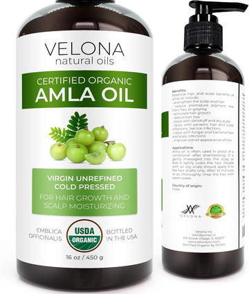 velona Amla Oil USDA Certified Organic - 16 oz | 100% Pure and Natural Carrier Oil | Extra Virgin, Unrefined, Cold Pressed