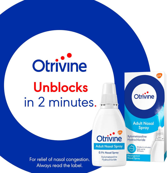 Otrivine Nasal Spray Adult 0.1% Decongestant For Blocked Nose Relief In Cold And Flu, 10 Ml