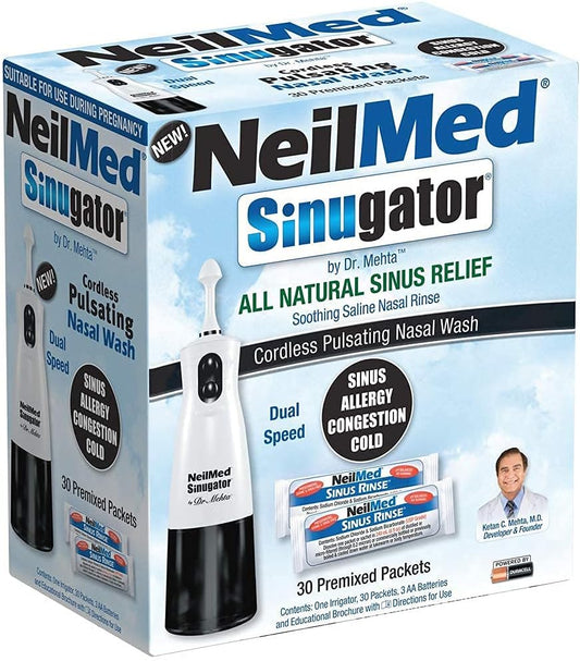 Neilmed Sinugator Cordless Pulsating Nasal Irrigator (Dual Speed) With 30 Premixed Packets And 3 Aa Batteries - Black