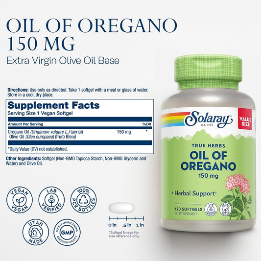 Solaray Oil Of Oregano Softgels 150 Mg - Oregano Oil Supplement For Powerful Wellness Support - Gentle Digestion - Extra Virgin Olive Oil Base - Vegan, 60-Day Guarantee - 120 Servings, 120 Softgels
