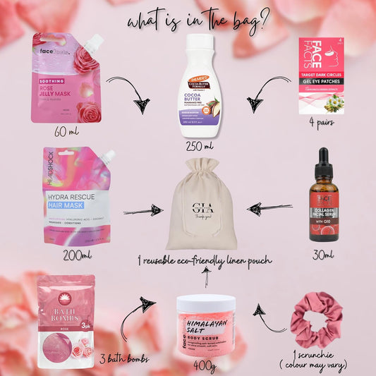 Pamper Gift Set For Women – Self-Care Kit With Cocoa Butter, Collagen Serum, Rose Jelly Mask & Bath Bomb, Himalayan Salt Scrub & More – Spa Gift Set, Relaxation Gifts For Women