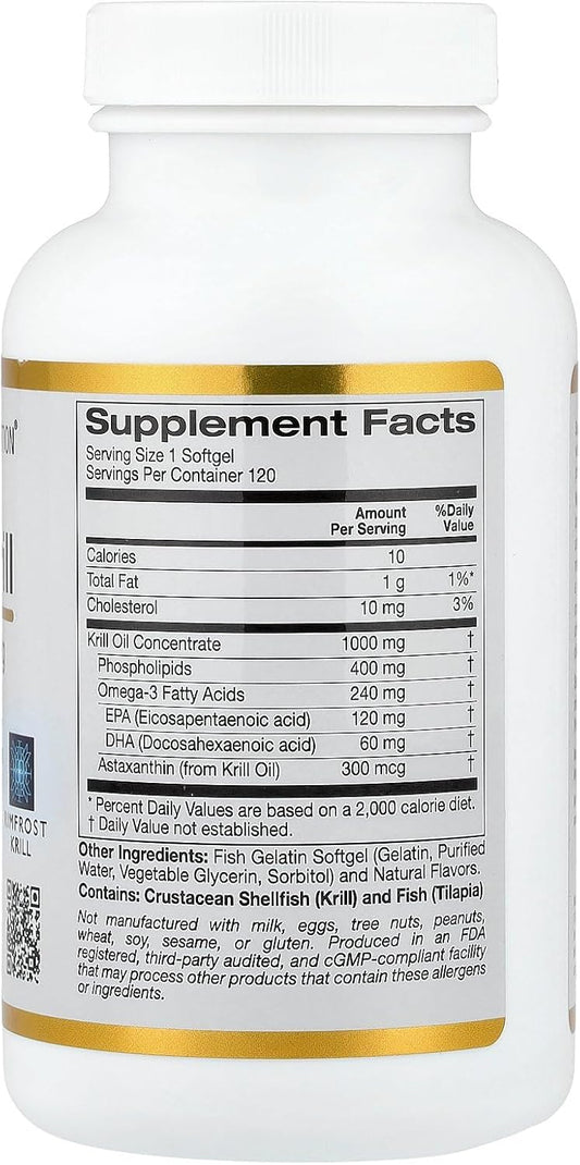 California Gold Nutrition Antarctic Krill Oil, Omega-3 Phospholipids With Naturally Occurring Astaxanthin, Natural Strawberry & Lemon Flavor, Non Gmo, 1,000 Mg, 120 Fish Gelatin Softgels