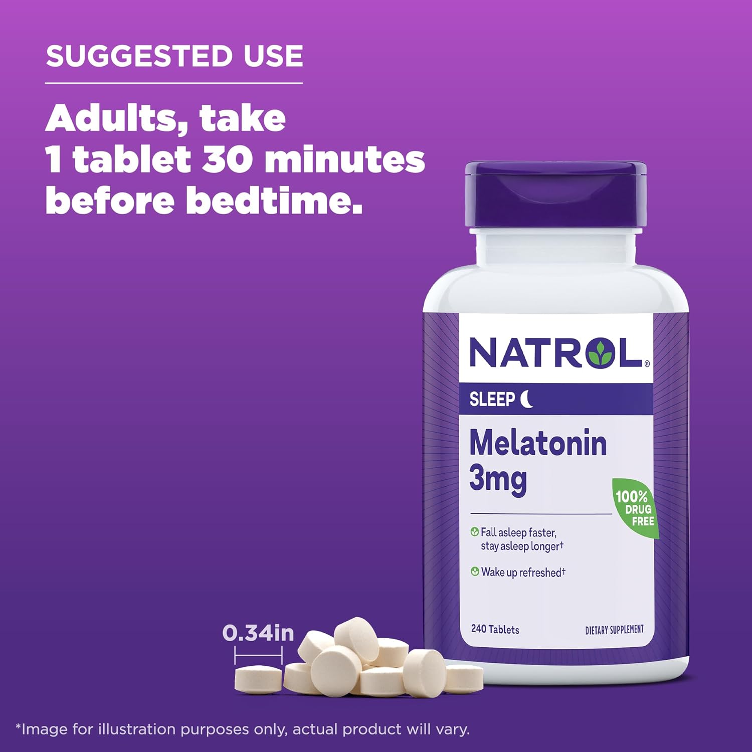 Natrol 3mg Melatonin Sleep Aid Tablets, Fall Asleep Faster, Stay Asleep Longer, 99% Pure Melatonin, Dietary Supplement, 240 Count : Health & Household