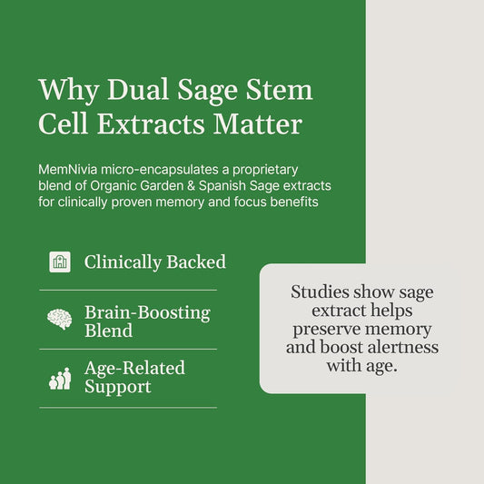 Memnivia Brain Supplements For Memory & Focus | Dual-Sage Stem Cell Formula With Cognivia®, Bacopa, Holy Basil & Ginger | Clinically Proven Mental Clarity Support | 60 Capsules (1 Bottle) | Usa Made