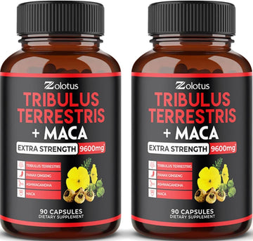 Zolotus 2 Packs Premium Tribulus Terrestris + Maca, 9600Mg Per Capsule, 6 Months Supply, Highest Potency With Ashwagndha, Panax Ginseng, Boost Energy, Mood, Stamina & Performance, For Men & Women
