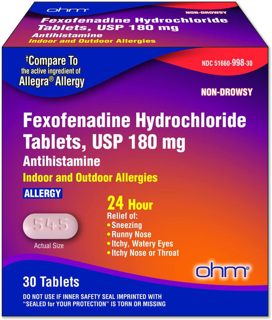 Ohm Non-Drowsy Fexofenadine Antihistamine Indoor Outdoor Allergy Relief Tablets 30Ct