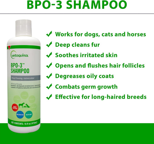 Vetoquinol Bpo-3 Shampoo For Dogs, Cats & Horses (3% Benzoyl Peroxide) – 16Oz – Deep Cleaning, Medicated Shampoo Opens & Flushes Hair Follicles – Degreases Oily Coats – Soothes Red, Flaky, Itchy Skin