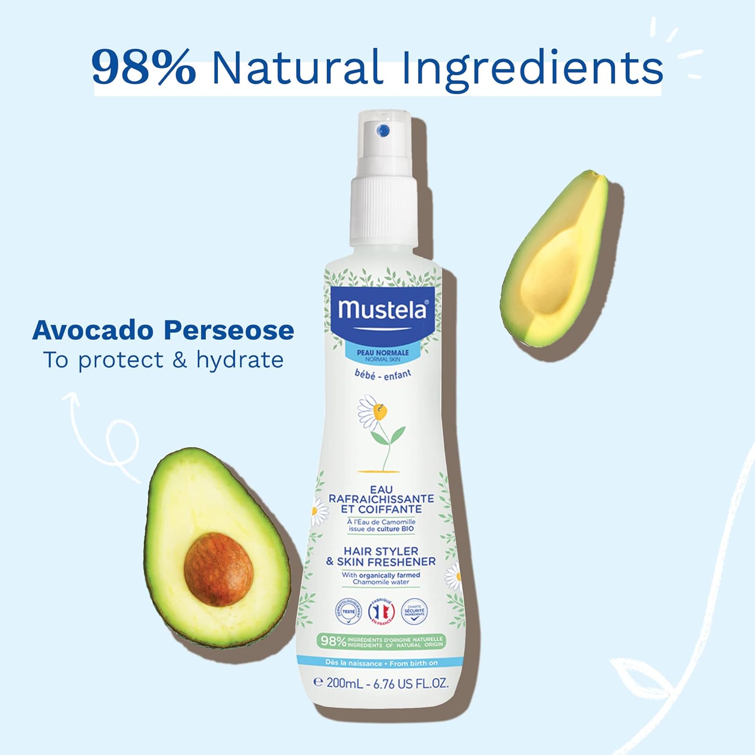 Mustela Baby Hair Styler & Skin Freshener - With Natural Avocado & Chamomile Water - Vegan & Hypoallergenic - 6.76 Fl. Oz. : Baby