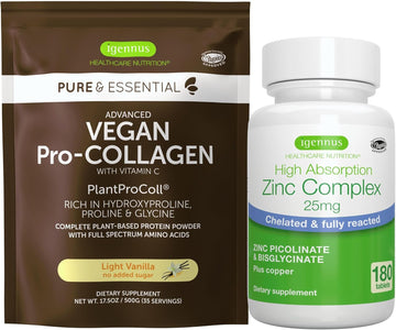 Vegan Vanilla Collagen Protein Powder + Zinc Complex Vegan Bundle For Skin, Hair & Nails. Complete Collagen Boosting Formula + 25Mg Chelated Zinc, By Igennus