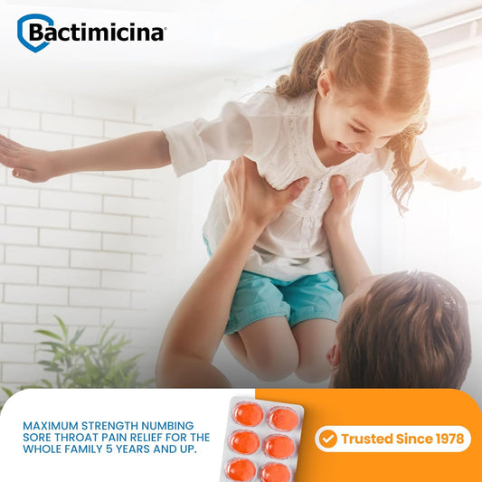 Sore Throat Lozenges Maximum Strength, Orange Flavor, Oral Analgesic With Benzocaine For Fast Action Relief, 18 Count