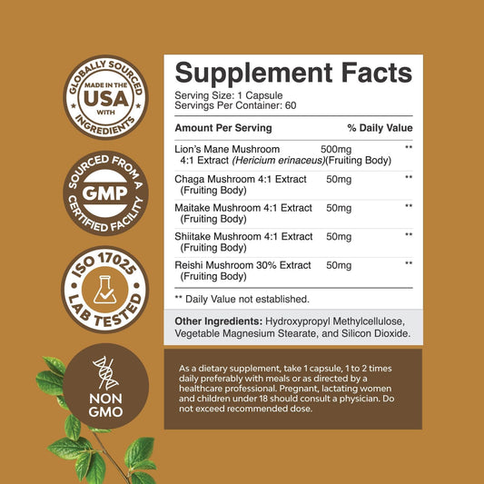 Advanced Lion'S Mane Mushroom Supplement - Lions Mane Supplement Capsules With 5X Fruiting Body Mushroom Complex With Chaga Maitake Shiitake And Reishi - Brain Booster Nootropic Supplement (60 Caps)