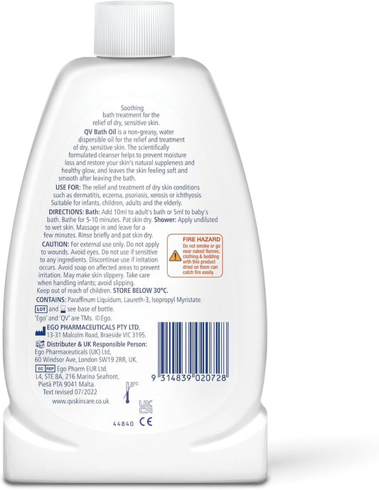 Qv Bath Oil (500 Ml) Moisturising Bath Soak For Sensitive Skin, Relief From Dry Itchy Skin, Gentle Ph Balanced Formula, Fragrance Free, Soap Free, Non Greasy, Noncomedogenic Bath Soak