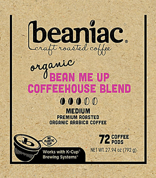 Beaniac Organic Bean Me Up Coffeehouse Blend, Medium Roast, Single Serve Compostable K Cup Coffee Pods, Organic Arabica Coffee, Keurig Brewer Compatible, 72 Count