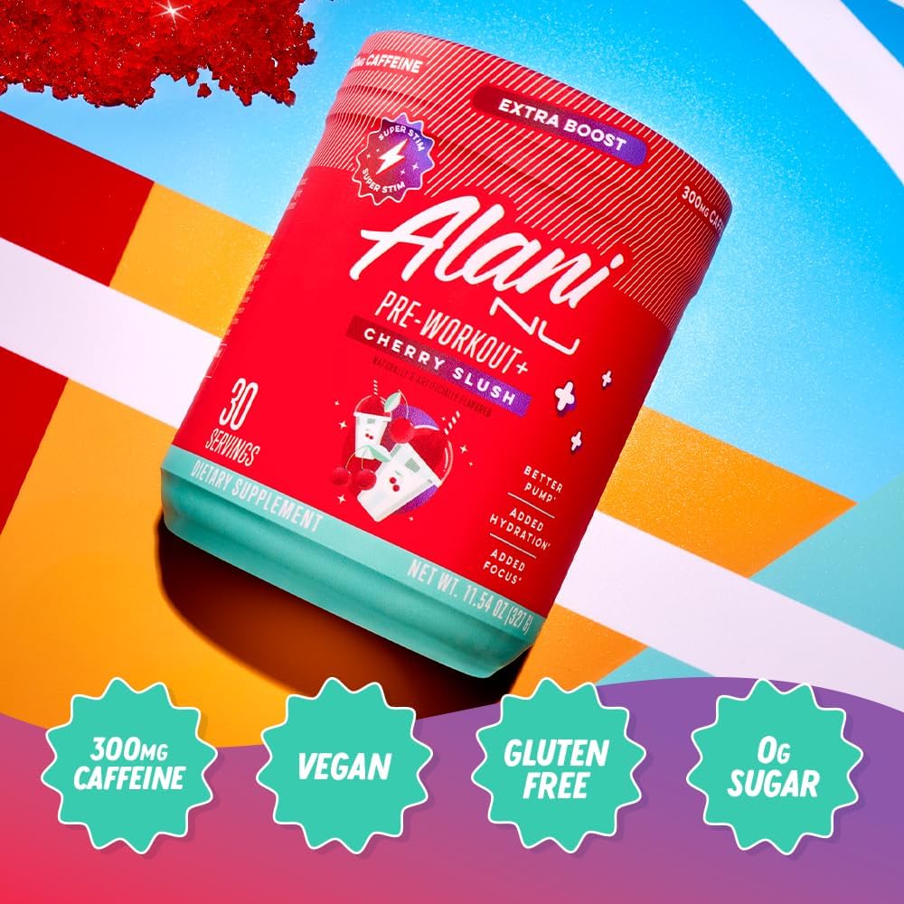 Alani Nu Pre Workout+ Powder Cherry Slush, Extra Boost, Sugar Free, 300Mg Caffeine, L-Theanine, Beta-Alanine, Citrulline, 30 Servings