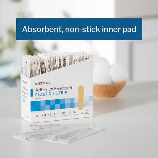 Mckesson Adhesive Bandages, Sterile Plastic Strip Rectangle, Tan, 3/4 In X 3 In, 100 Count, 24 Packs, 2400 Total