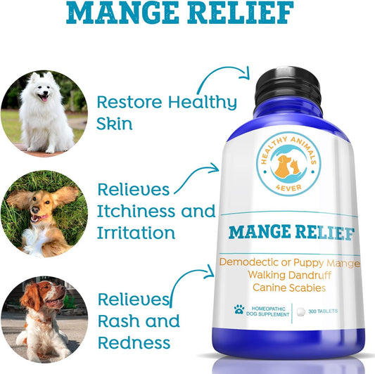 Healthy Animals 4 Ever Mange Relief For Dogs - Treatment For Itchiness, Scabs, & Hair Loss Caused By Mites - All-Natural, Homeopathic, Non-Gmo, Organic - Gluten, Preservative & Chemical Free - 300 Ct