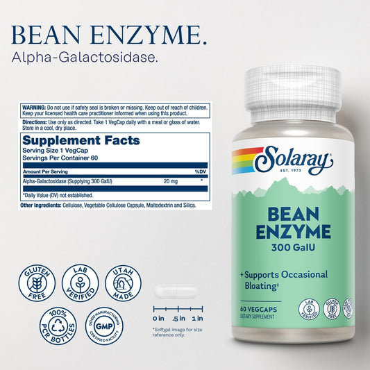 Solaray Bean Enzyme 300 Galu - Alpha Galactosidase Digestive Enzymes For Women And Men - Digestive Health Supplement - Supports Occasional Bloating And Gas Relief For Adults - 60 Servings, 60 Vegcaps