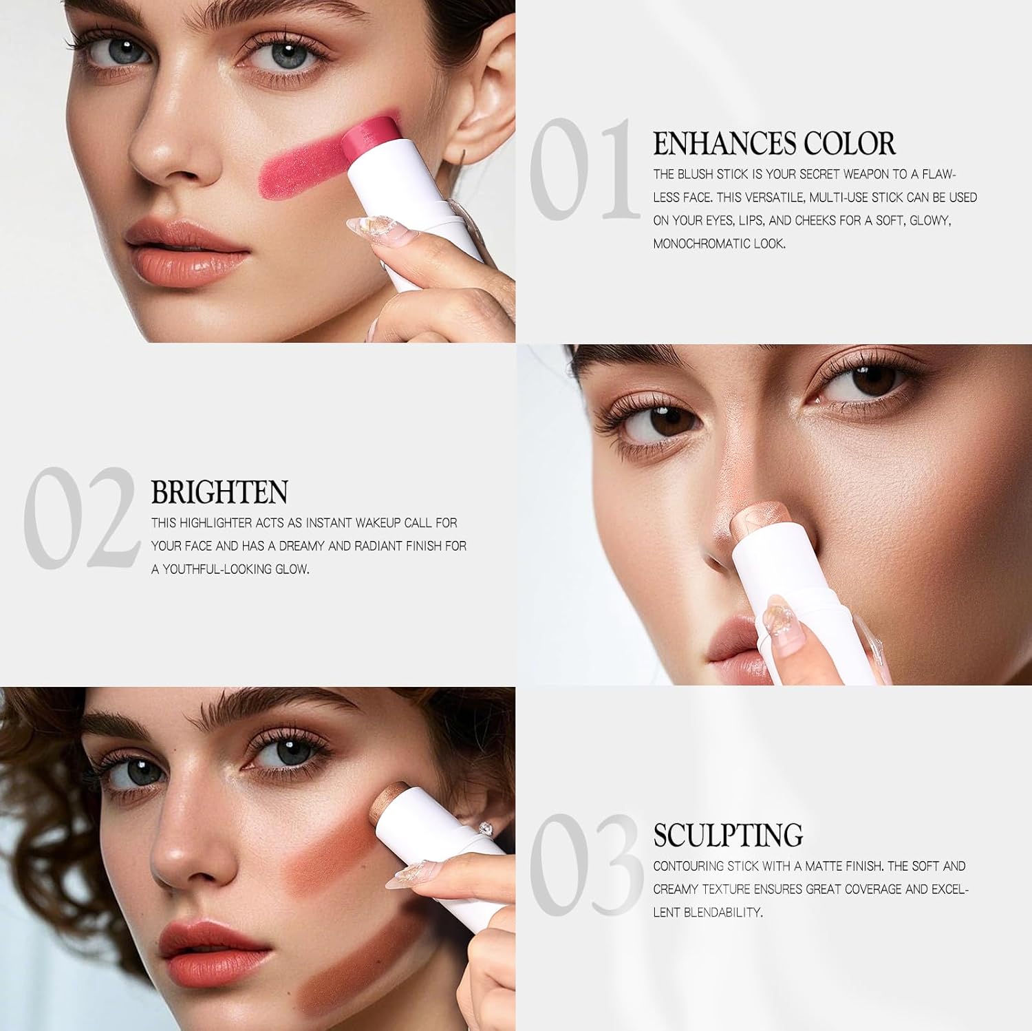 Bayfree 3 Pcs Makeup Cream Contour Stick Set, Highlighter Stick & Bronzer Stick & Blush Stick, Long Lasting, Natural Face Contour, Dewy & Matte Finish, Multi Stick Trio For All Skin : Beauty & Personal Care