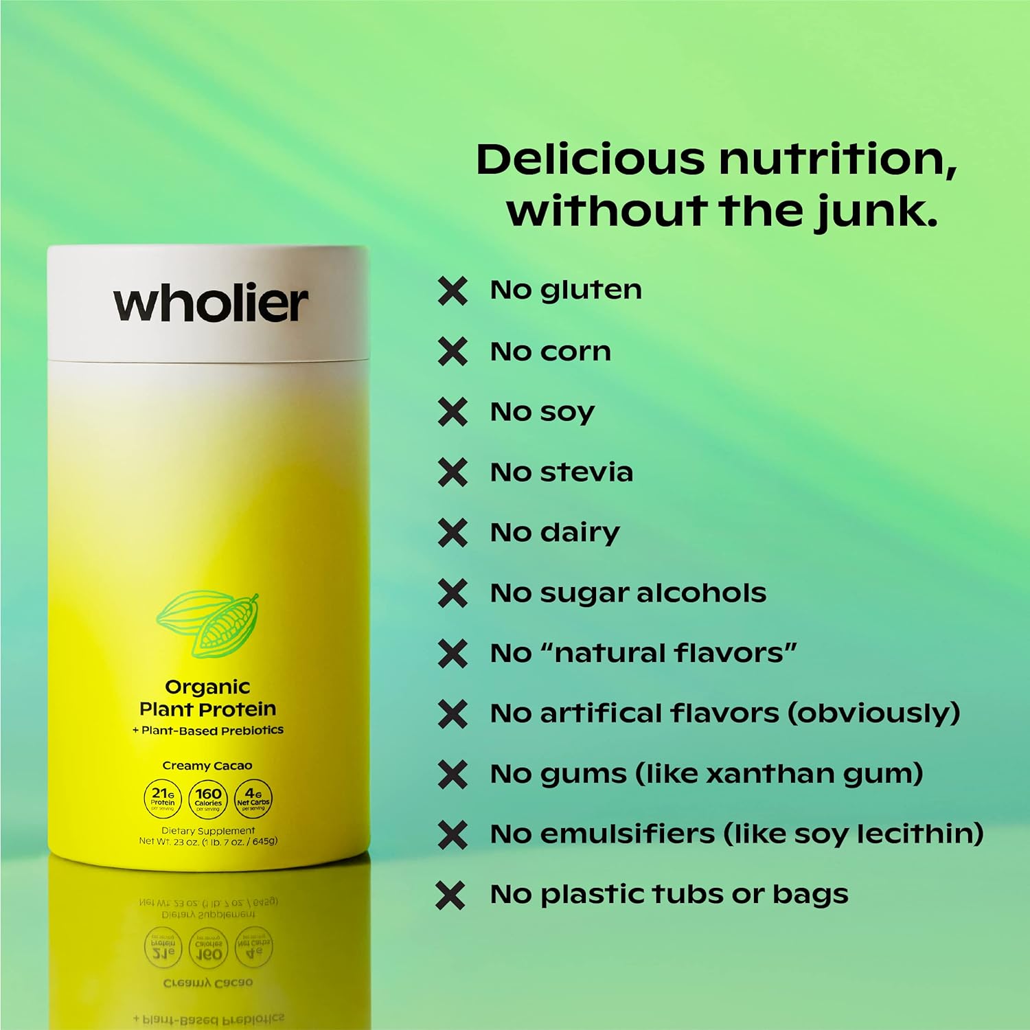 wholier Organic Plant Protein + Prebiotics. 21g of Vegan Protein. 5g of Fiber. Psyllium Husk + Green Banana for Digestion. No Natural Flavors, Gums or Fillers. Creamy Cacao : Health & Household