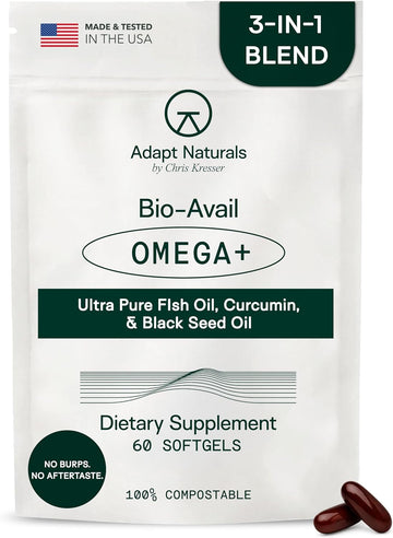Adapt Naturals Omega 3 Fish Oil Supplement With Bioavailable Curcumin & Black Seed, 1500Mg Fish Oil Epa Dha Omega 3 Fatty Acids To Support Joints, Muscles & Heart | Unflavored - 60 Days Supply