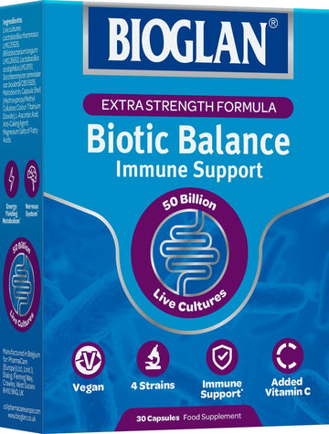Bioglan Biotic Balance 50 Billion Cfu | Vitamin C | Digestive Health & Immune Support | Super Strength | 4 Live Strains | Fridge Free | One Month Supply | 30 Capsules