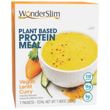 Wonderslim Plant Based Protein Meal, Vegan Lentil Curry, 5G Fiber, Gluten Free, Low Carb (7Ct)