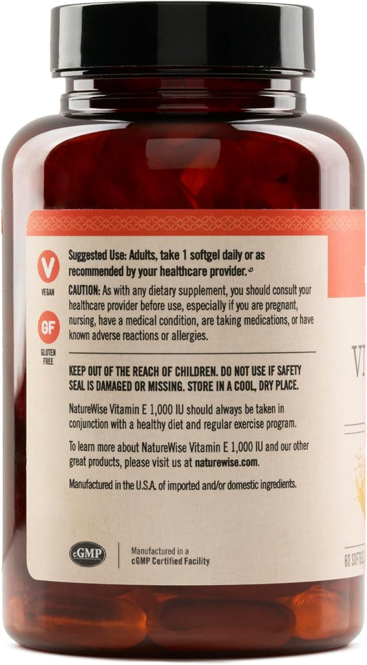 Naturewise Vitamin E 1000 Iu Softgels (450Mg Dl-Alpha) - Vegan, Gluten-Free, Soy-Free, Non-Gmo Antioxidant Dietary Supplement For Skin, Heart, Eye, And Immune Health Support - 60-Day Supply, 60 Count