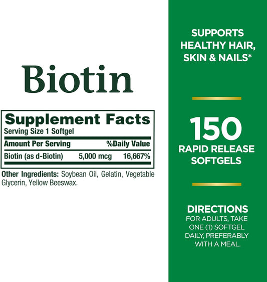 Nature'S Bounty Biotin, Vitamin Supplement, Supports Metabolism For Cellular Energy And Healthy Hair, Skin, And Nails, 5000 Mcg, 150 Softgels