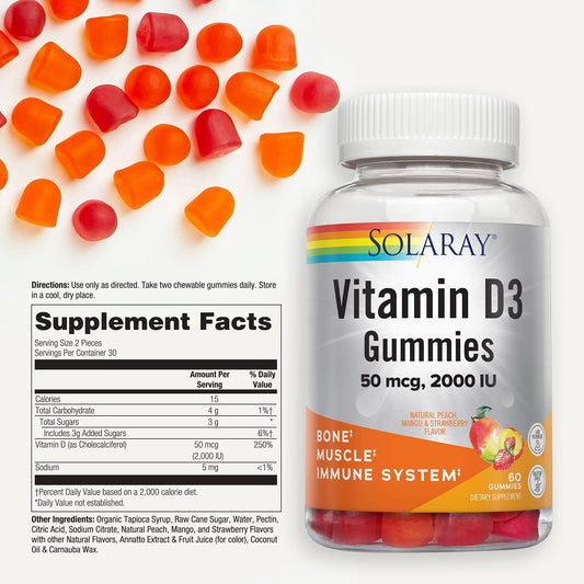 Solaray Vitamin D3 Gummies 50 Mcg, 2000 Iu | Healthy Bone, Muscle & Immune System Support | Gluten Free | 30 Serv, 60 Ct
