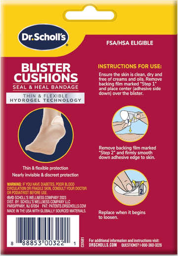 Dr. Scholl’S Blister Cushions Seal & Heal Bandage For Feet, Toes, Heels & Hands, 8 Ct - Blister Prevention Pads, Hydrogel Technology Protects From Painful Shoe Pressure & Rubbing, Water-Resistant