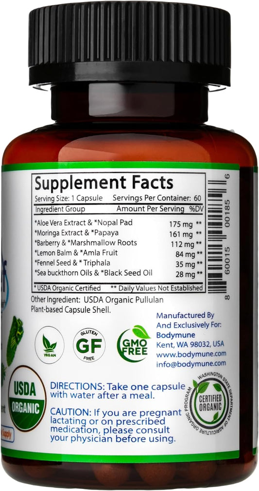 Bodymune Acidrelief All-Natural Usda Organic Acid Reducer, Acid Indigestion Relief, Heartburn Relief, Acid Relief Supplement - Unique Blend Vegan Non-Gmo Gluten-Free Usa Made - 60 Capsules