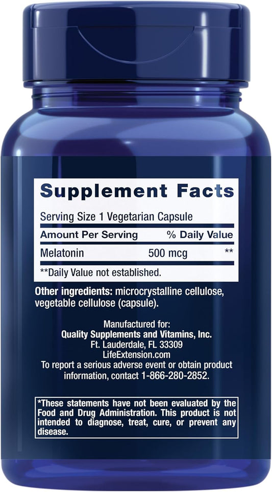 Life Extension Melatonin, 500 Mcg โ Gently Promotes Sleep, Low Dose, Value Size โ Non-Gmo, Gluten-Free, Vegetarian โ 200 Capsules