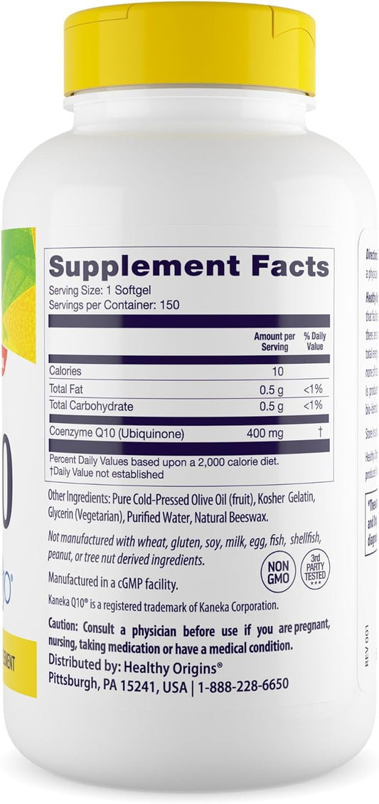 Healthy Origins Coq10 (Kaneka Q10), 400 Mg - Heart Health & Energy Supplement - Gluten-Free & Non-Gmo Supplements - 150 Softgels