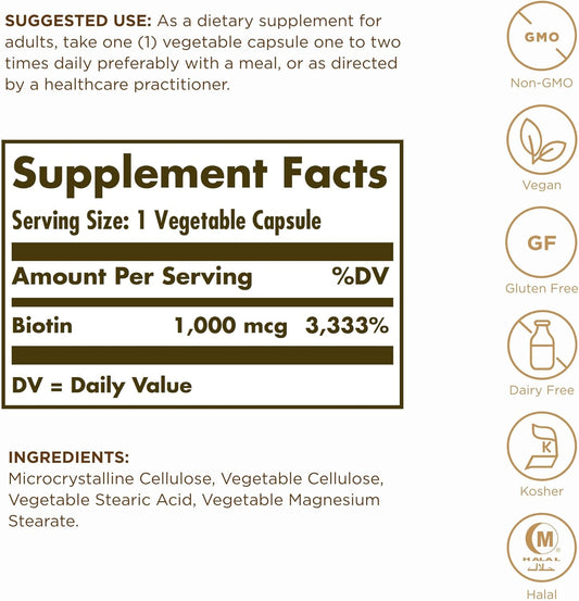 Solgar Biotin 1000 Mcg - 250 Vegetable Capsules, Pack Of 2 - Supports Healthy Skin, Nails & Hair - Non-Gmo, Vegan, Gluten Free, Dairy Free, Kosher, Halal - 500 Total Servings
