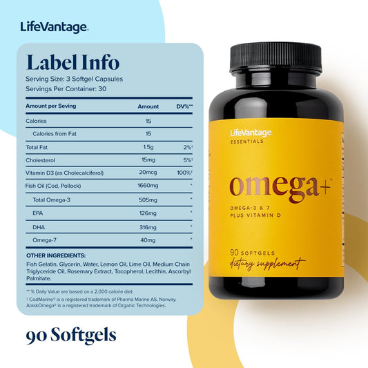 Lifevantage - Omega+ - Supplement 3-In-1 Blend Of Omega-7, Vitamin D And Omega-3 - For Brain, Cardiovascular, Skin Health And Immunity - 90 Softgels