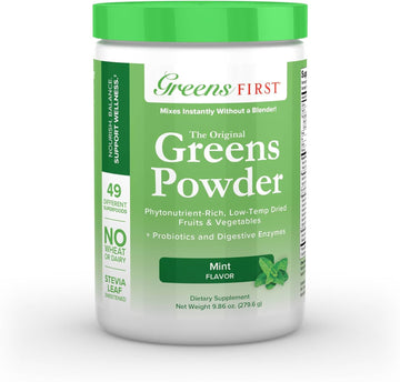 Greens First - Mint - 30 Servings - Greens Powder Superfood, 49 Superfoods, 15+ Organic Fruit & Vegetables, Antioxidant Smoothie Mix Supplement, Dairy Free, Vegan & Non-Gmo - 9.86 Oz