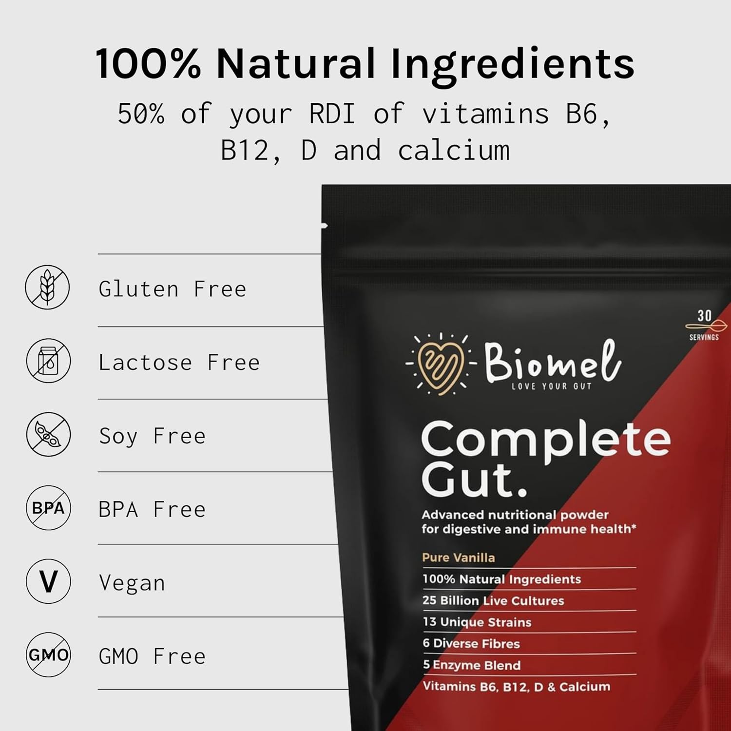 Biomel Complete Gut - Pure Vanilla - Advanced Gut Health - 450g/30 Servings - Vegan Friendly - Gluten Free - Delicious & Effective : Amazon.co.uk: Health & Personal Care