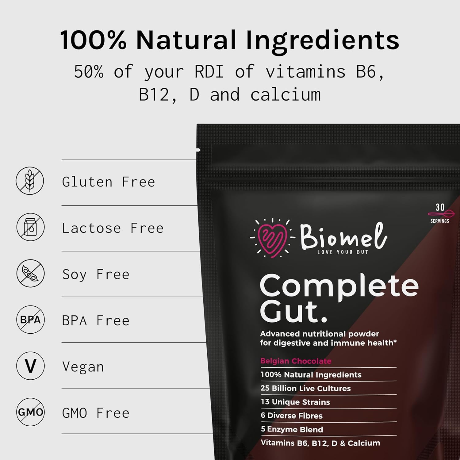 Biomel Complete Gut - Belgian Chocolate - Advanced Gut Health - 450g/30 Servings - Vegan Friendly - Gluten Free - Delicious & Effective : Amazon.co.uk: Health & Personal Care