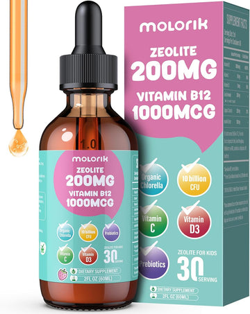 Zeolite Detox For Kids, 200Mg Zeolite Liquid Drops With 1000Mcg Vitamin B12, 250Mg Organic Chlorella, 10 Billion Cfu And Prebiotics For Gut Support & Speech, Immune, Bone, Energy, Strawberry, 60Ml