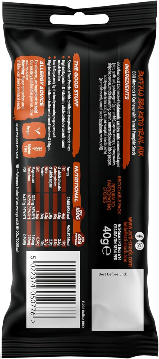 Acti-Snack Buffalo Bbq Keto Crunch 12 X 40G | Sports Nutrition Snacks, Protein On The Go - Buffalo Bbq Almonds, Cashews & Pumpkin Seed Mix, High Protein Snack